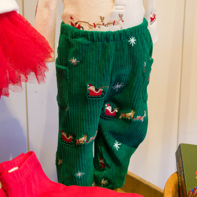 oh baby! Side Pocket Pant - Embroidered Santa Sleigh - Christmas Green - Mannequin