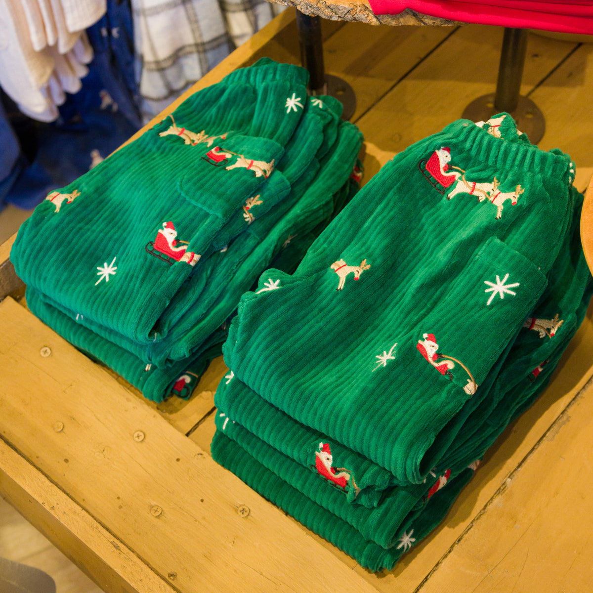 oh baby! Side Pocket Pant - Embroidered Santa Sleigh - Christmas Green - Lifestyle In Store