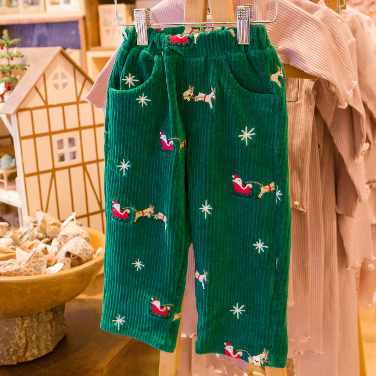 oh baby! Pocket Pant - Embroidered Santa Sleigh - Christmas Green - In Store