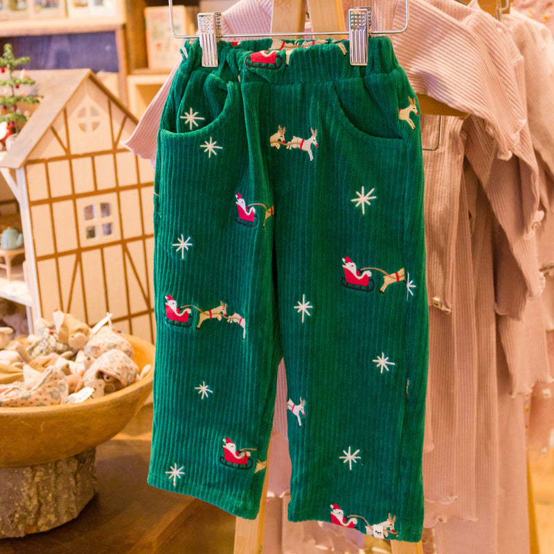 oh baby! Pocket Pant - Embroidered Santa Sleigh - Christmas Green - In Store