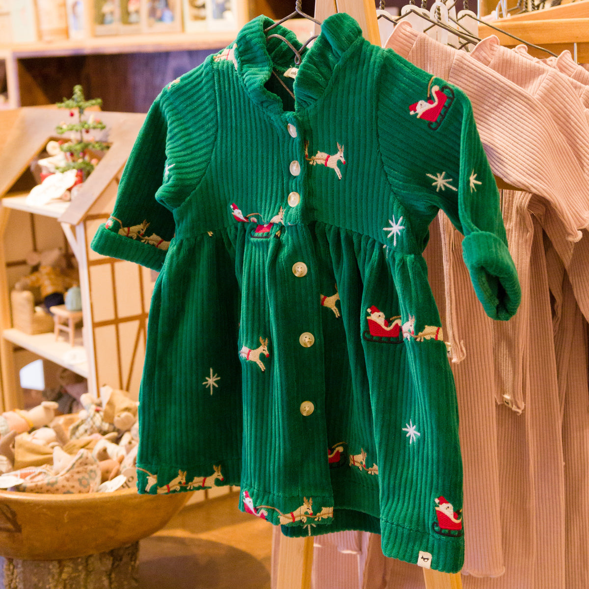 oh baby! Ivy Dress - Embroidered Santa Sleigh - Christmas Green