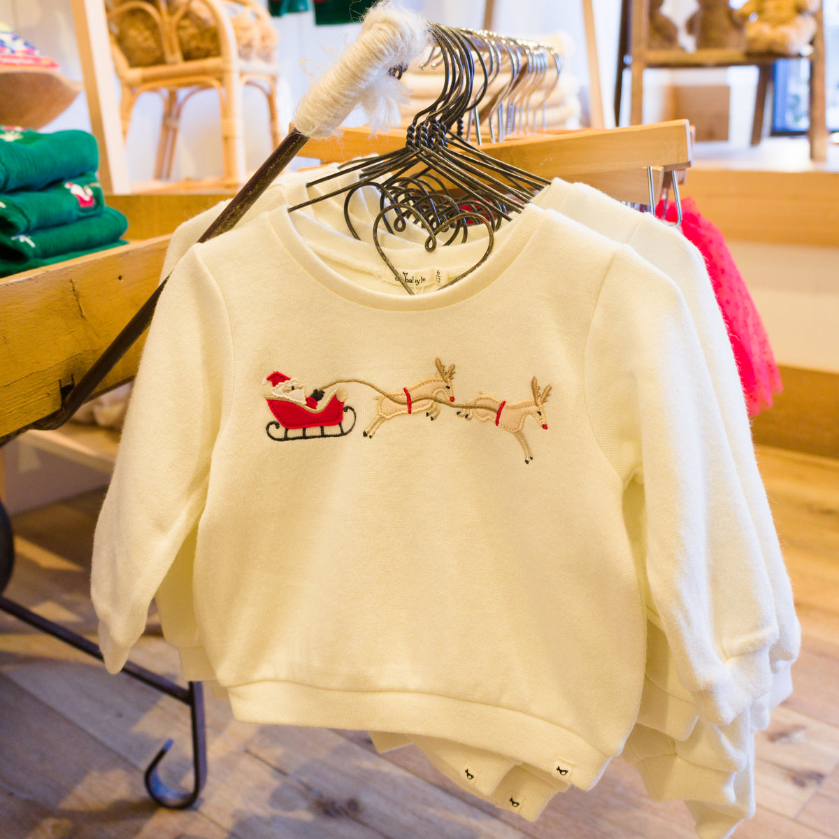 oh baby! Brooklyn Boxy Sweatshirt - Santa Sleigh Applique - Cream - Lifestyle In Store