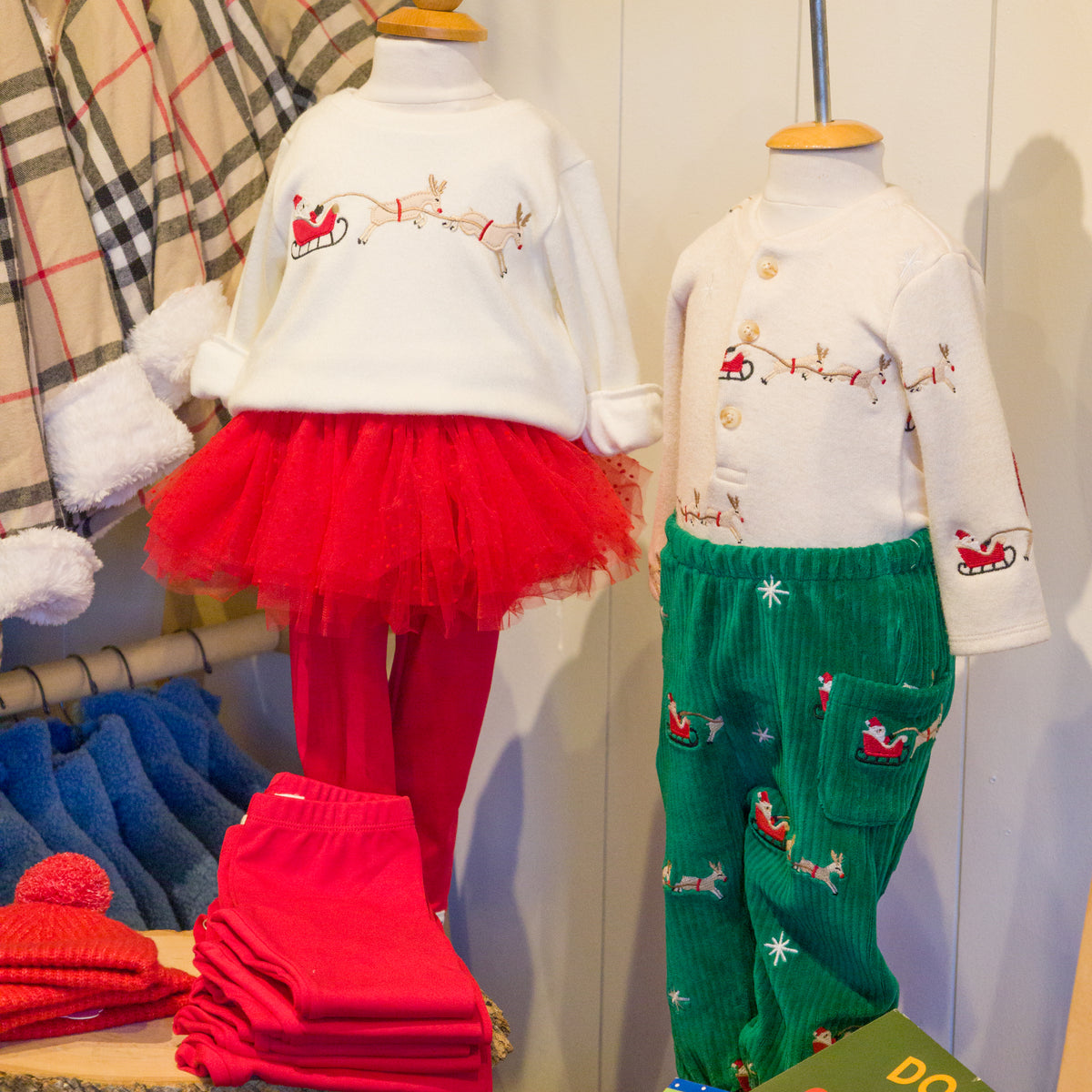 Holiday Collection - Santa Sleigh Sweatshirt, Henley and Pocket Pants with Ruby Tutu and Leggings - Mannequins in the store