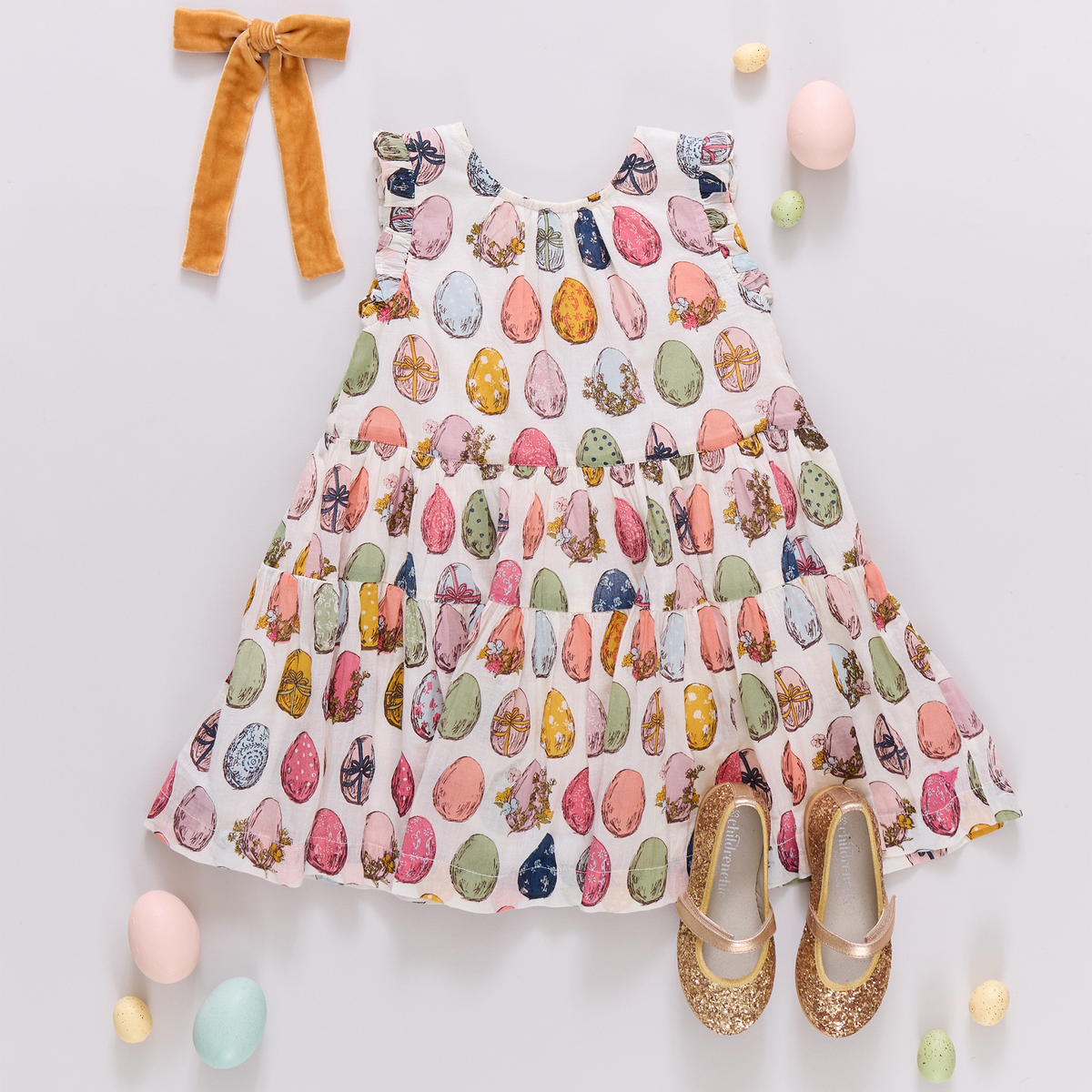 Pink Chicken Eloise Ruffle Dress - Multi Eggs - Flat Lay with Accessories