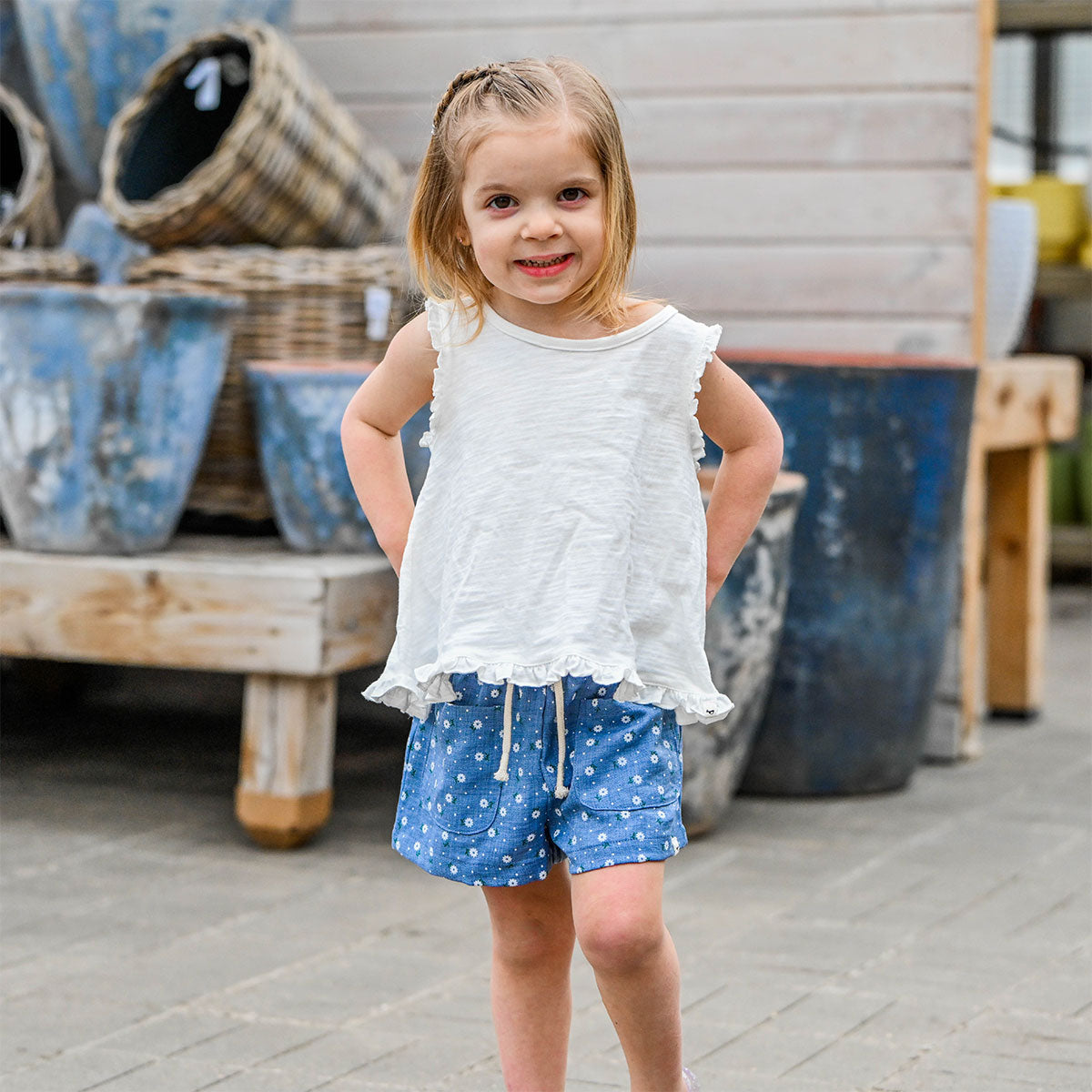 oh baby! Libby Pocket Short - Sunbursts Flower Print - Denim - Lifestyle with Gracie Top