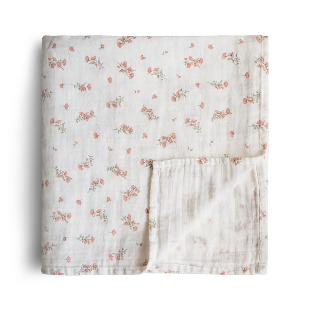 Muslin Swaddle Blanket Organic Cotton - Pink Flowers