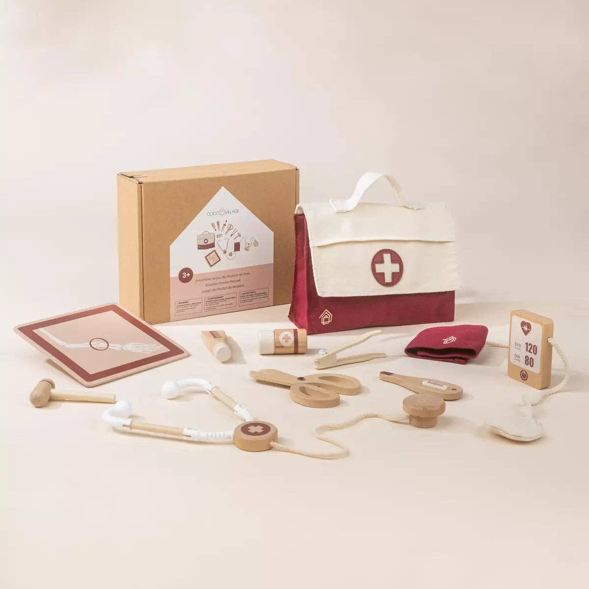 Children's toy medical kit with various pretend medical tools.