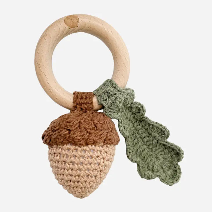 The Blueberry Hill Cotton Crochet Rattle Teether - Acorn