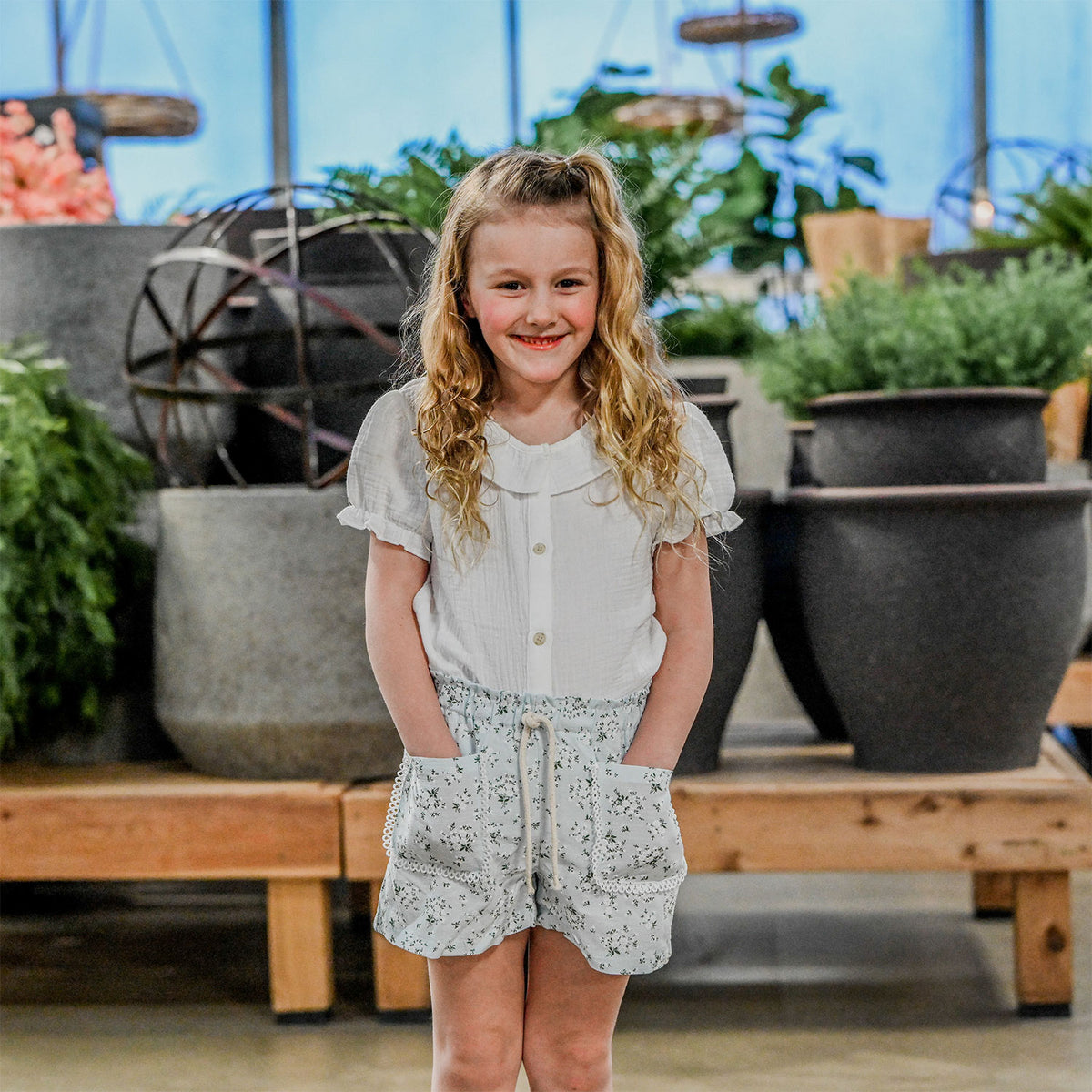 oh baby! Libby Pocket Short - Apple Blossom - Sky Blue - Lifestyle with Layla Top