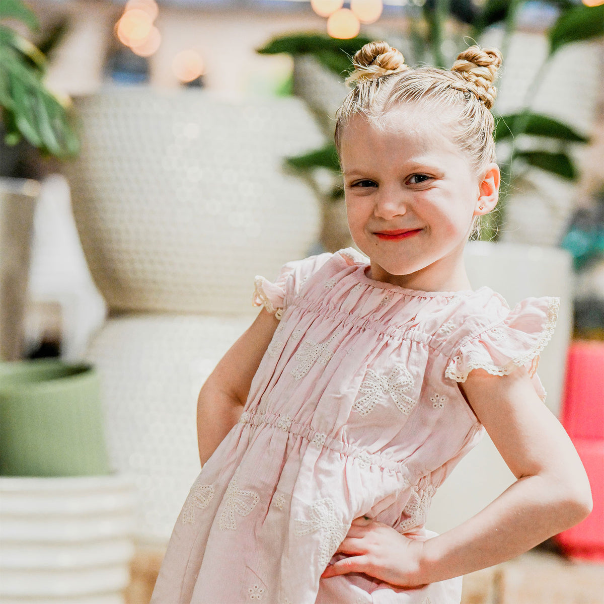 oh baby! April Flutter Sleeve Dress - Embroidery Bows - Dusty Pink - Lifestyle - Close Up