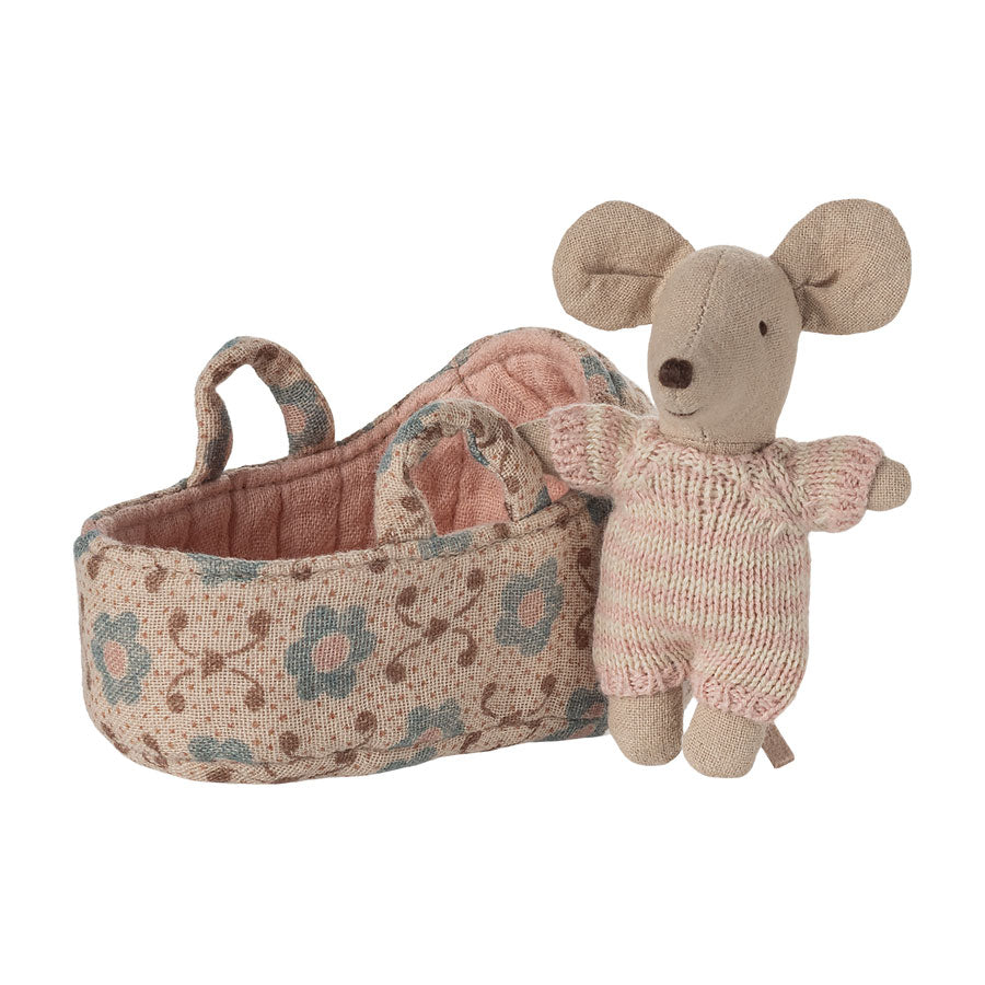 Maileg Baby Mouse in Carry Cot - Rose