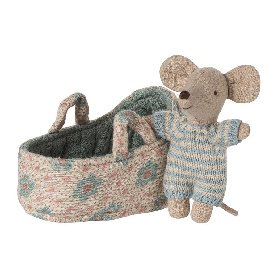 Maileg Baby Mouse in Carry Cot - Blue