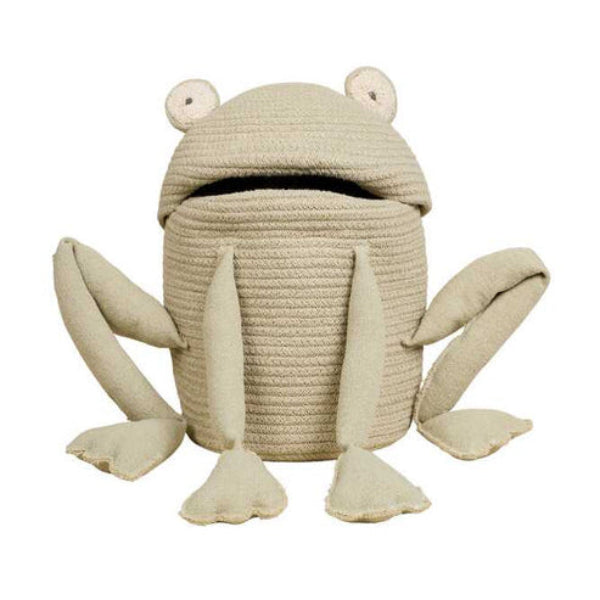 Frog-shaped woven basket on a white background
