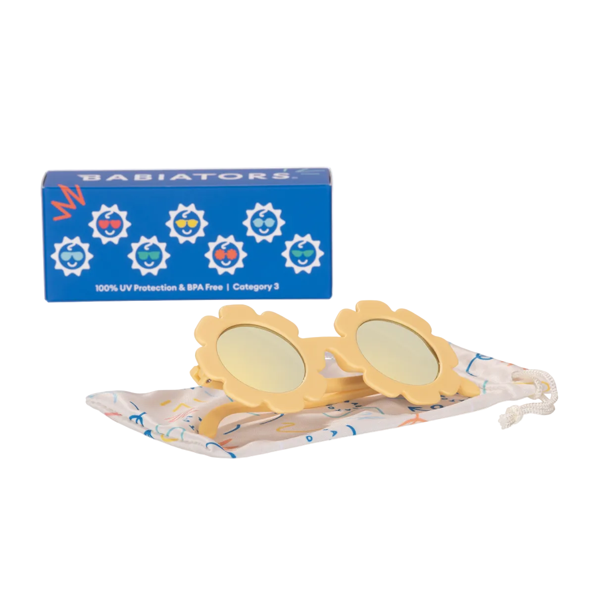 Babiators Sun Ray Flower I Yellow Polarized Mirrored Lenses Sunglasses  - Packaging and bag