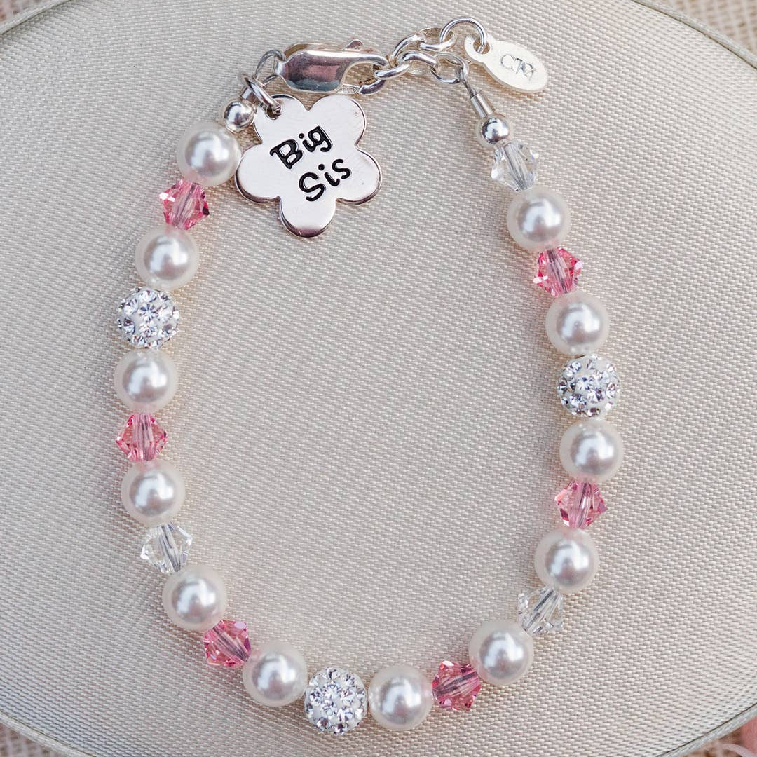 Big Sis Flower Sterling Silver Big Sister Kids Bracelet - Flat Lay