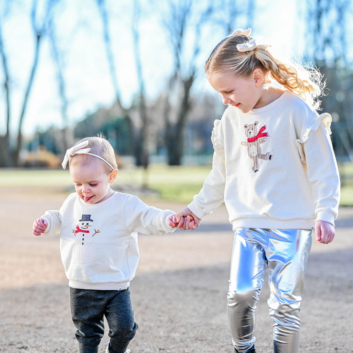 oh baby! Ruffle Slouch Sweatshirt - Ice Skating Bear - Natural - with Snowman Sweatshirt
