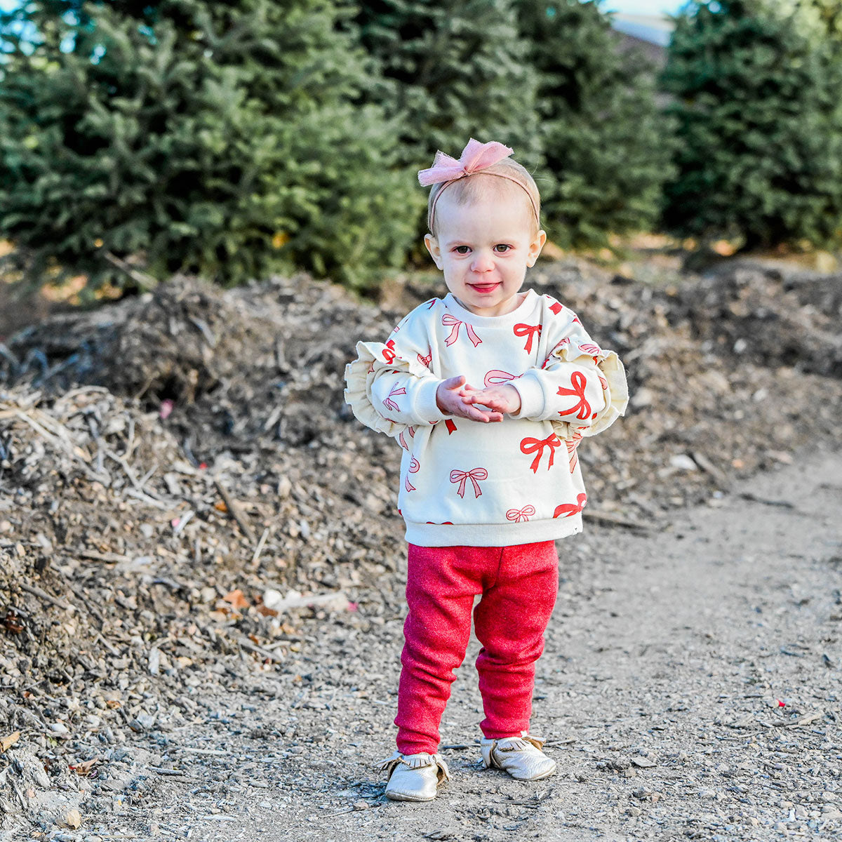 oh baby! Ruffle Slouch Sweatshirt - Pink Cherry Bows - Natural - with berry knit pants