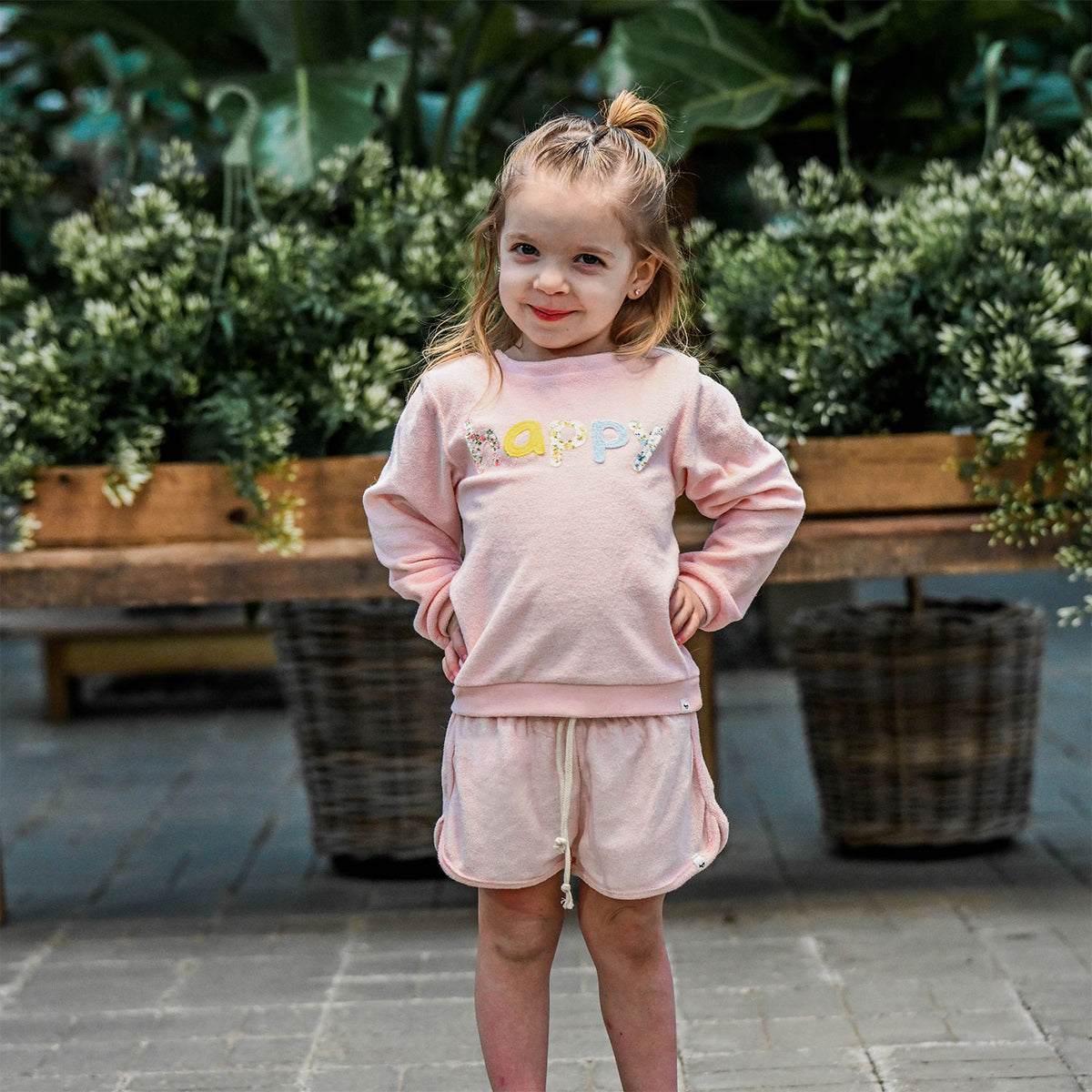 oh baby! Brooklyn Boxy Sweatshirt - Multi-Color Floral "Happy" Applique - Pale Pink with matching shorts = Lifestyle