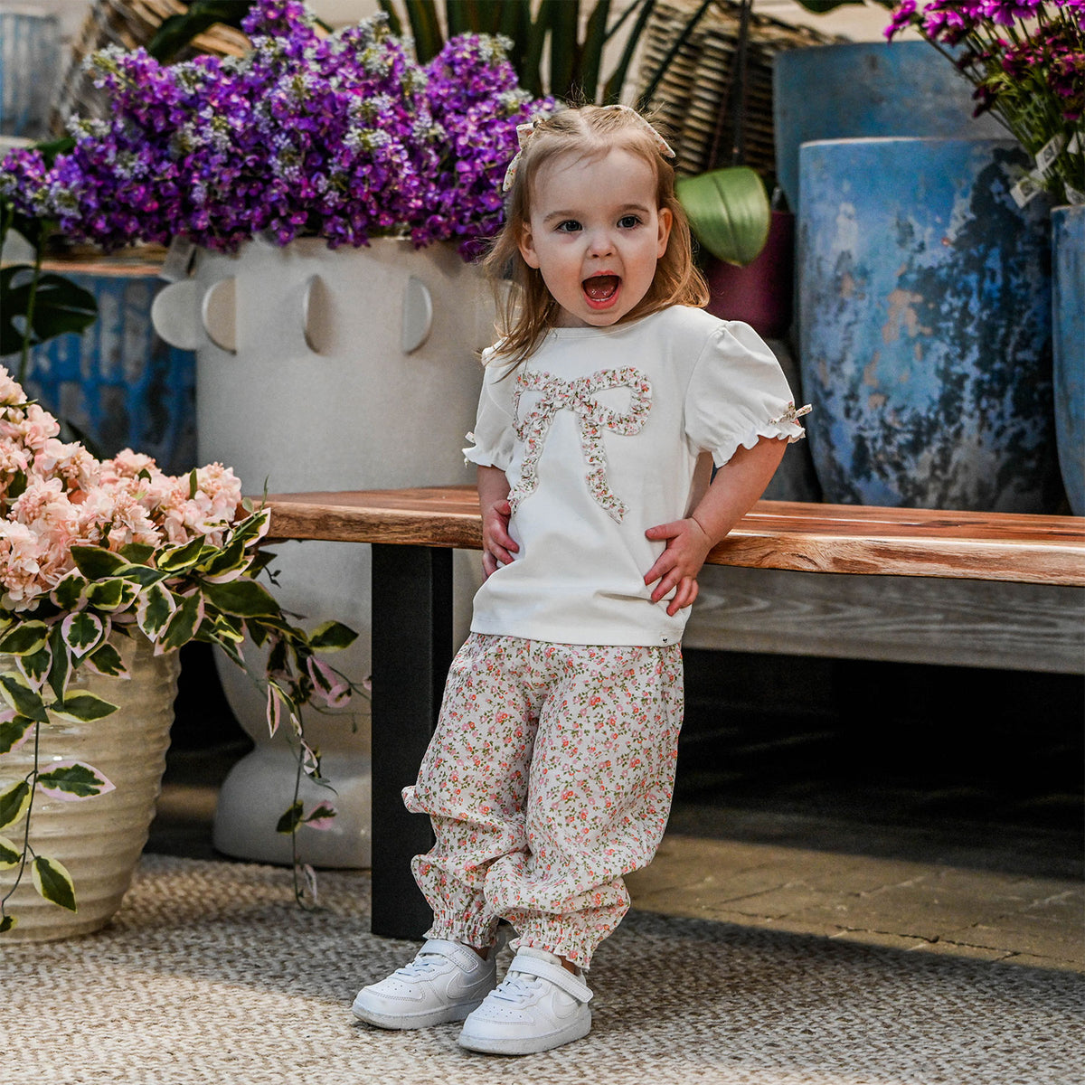 oh baby! Layla Tee - Blush Poppy Sprig Ruffle Bow - Oyster with matching Olivia pants - Lifestyle