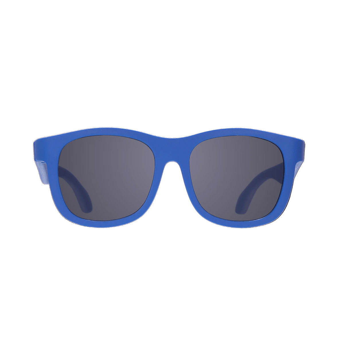 Blue sunglasses with dark lenses on a white background
