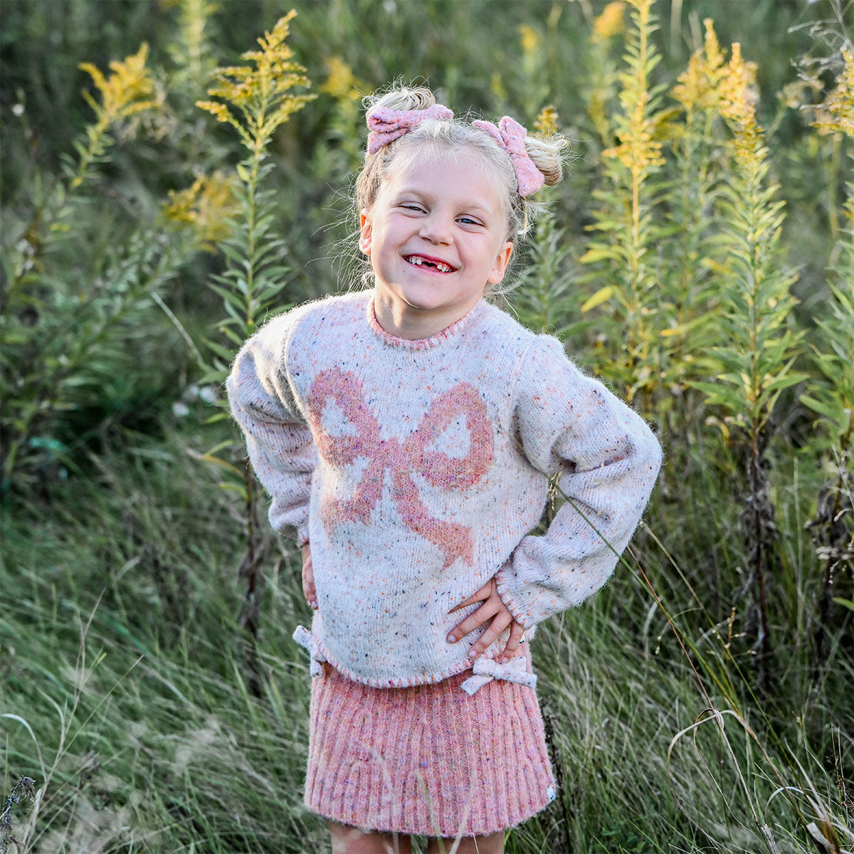 oh baby! Speckled Roll-Edge Knitted Pullover Sweater - Big Bow - Pale Pink - with skirt