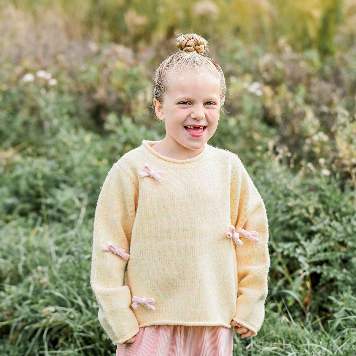 oh baby! Fuzzy Roll-Edge Knitted Pullover Sweater - Bows - Cream