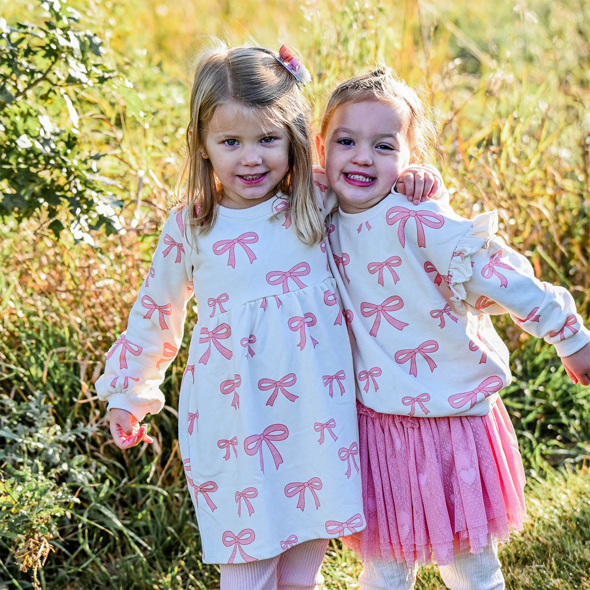 oh baby! French Terry Josephine Dress - Pink Bows - Natural - Bows Sweatshirt