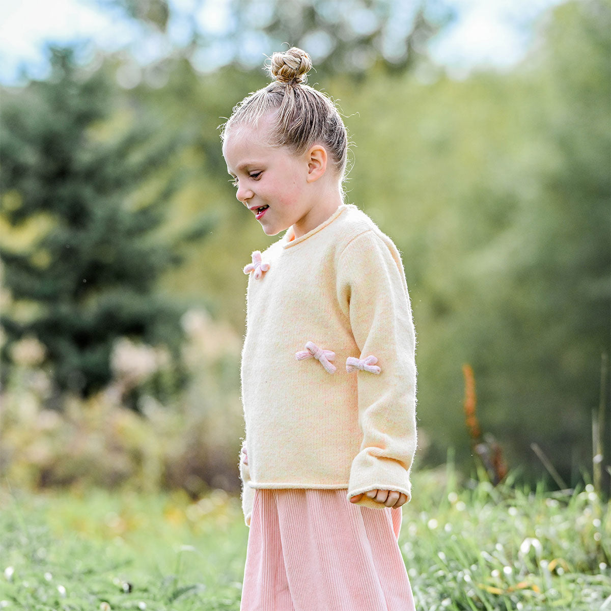 oh baby! Fuzzy Roll-Edge Knitted Pullover Sweater - Bows - Cream - Side