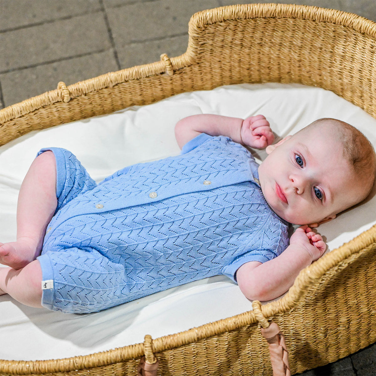 oh baby! Country Club Short Sleeve Romper - Wave Stitch - Chambray - Lifestyle