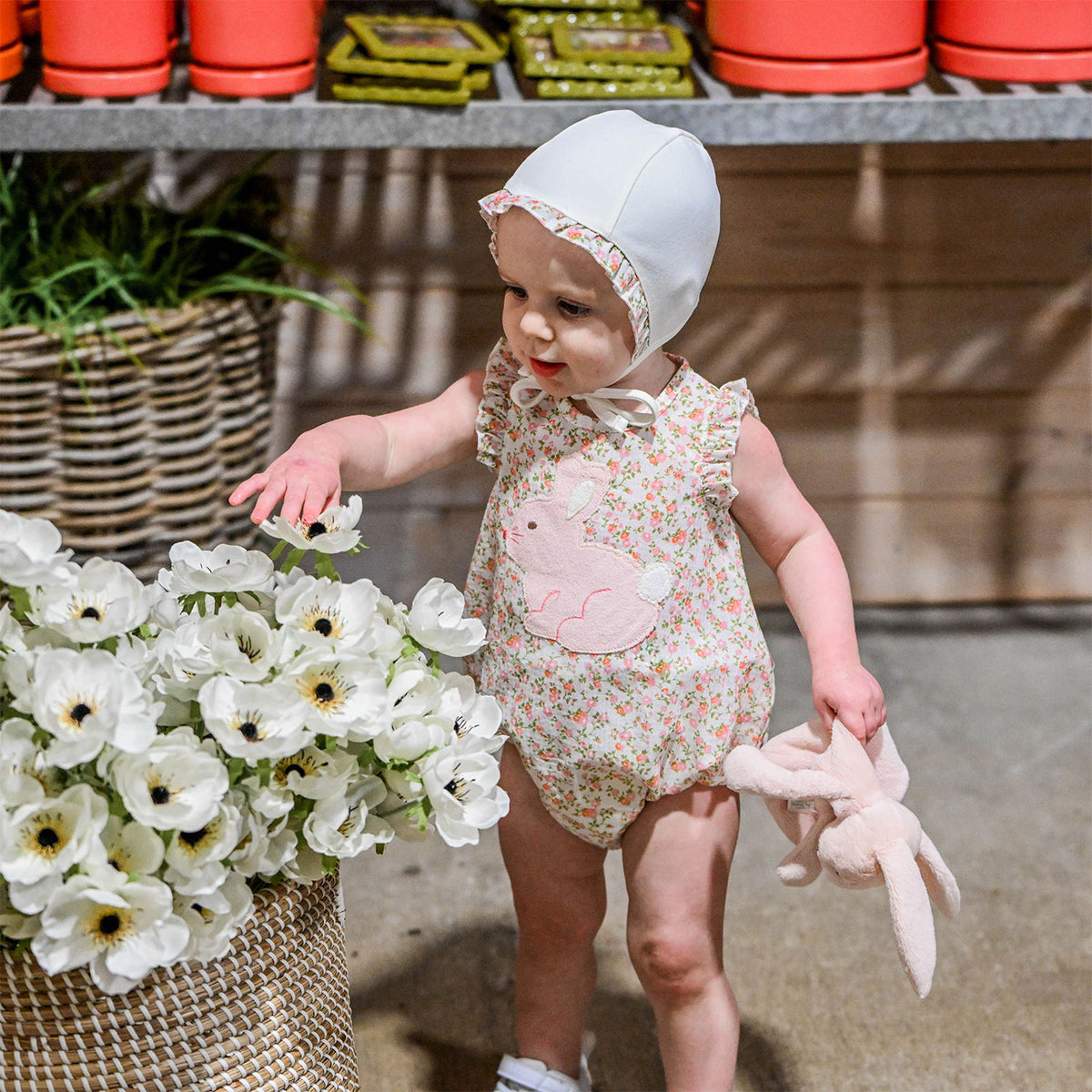 oh baby! Ruffle Bubble - Poppy Sprig Profile Bunny - Blush - Lifestyle with bonnet