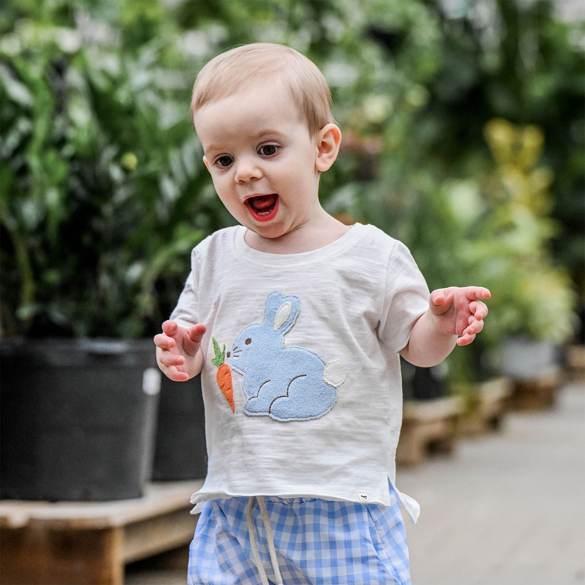 oh baby! Raw Edge Tee - Profile Sky Blue Bunny with Carrot Applique - Oyster - Lifestyle