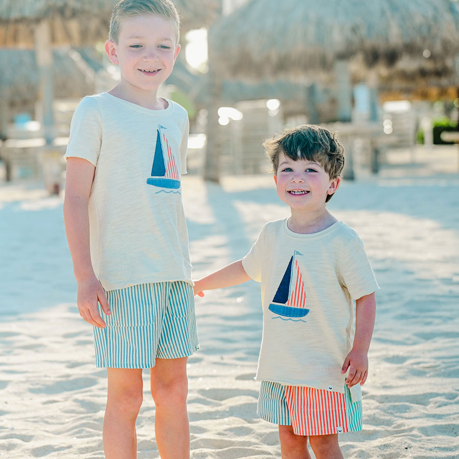 oh baby! Raw Edge Short Sleeve T-Shirt - Sailboat Applique - Butter - oh baby!