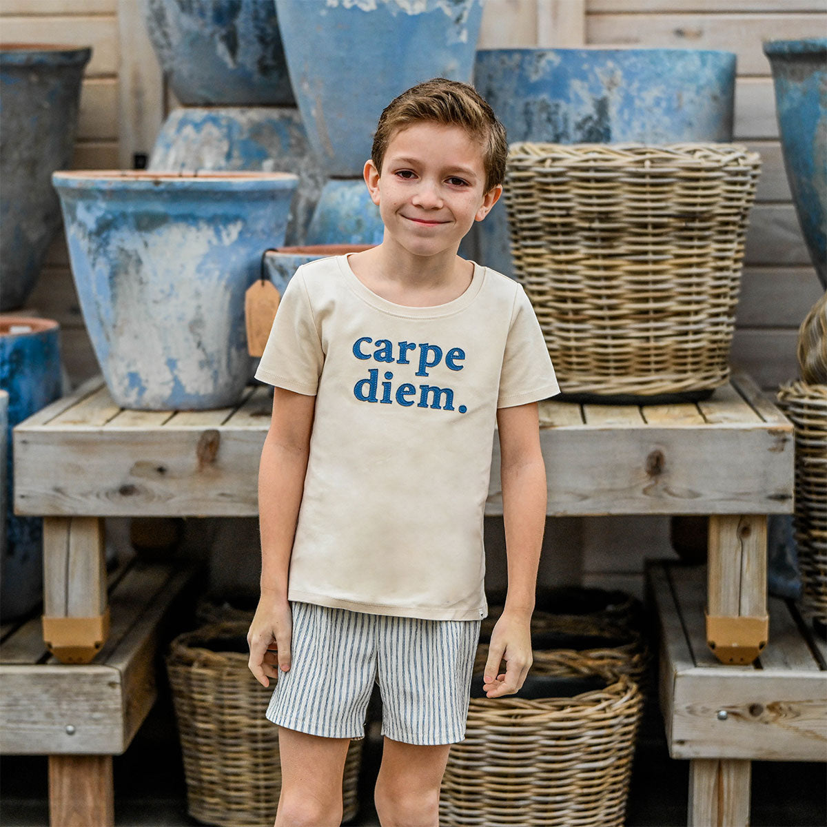 oh baby! Raw Edge Short Sleeve Tee - "carpe diem." Print - Natural - with shorts