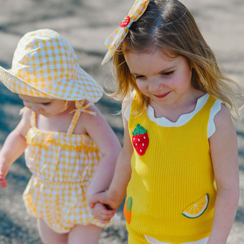 oh baby! Chloe Tank & Short Set - Mixed Fruit Crochet with sister in lemon check romper and sunhat -  Lemon
