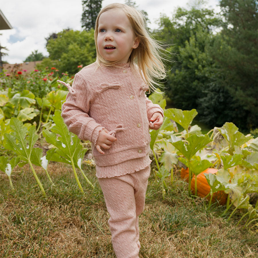 oh baby! Cable Knit Mock Neck Two Piece Set - with Bow Cardigan - Pale Pink