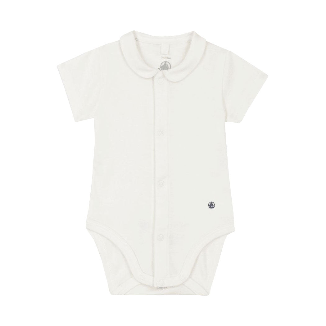 Petit Bateau Baby Short Sleeve Bodysuit Onesie With Collar - White