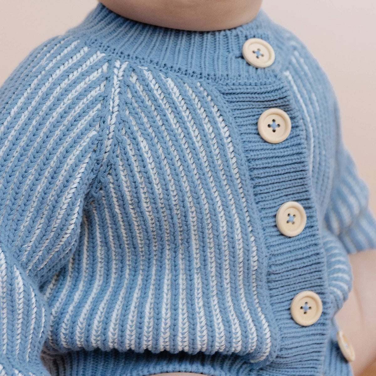 The Blueberry Hill Cotton Brioche Cardigan - Dusty Blue Stripe