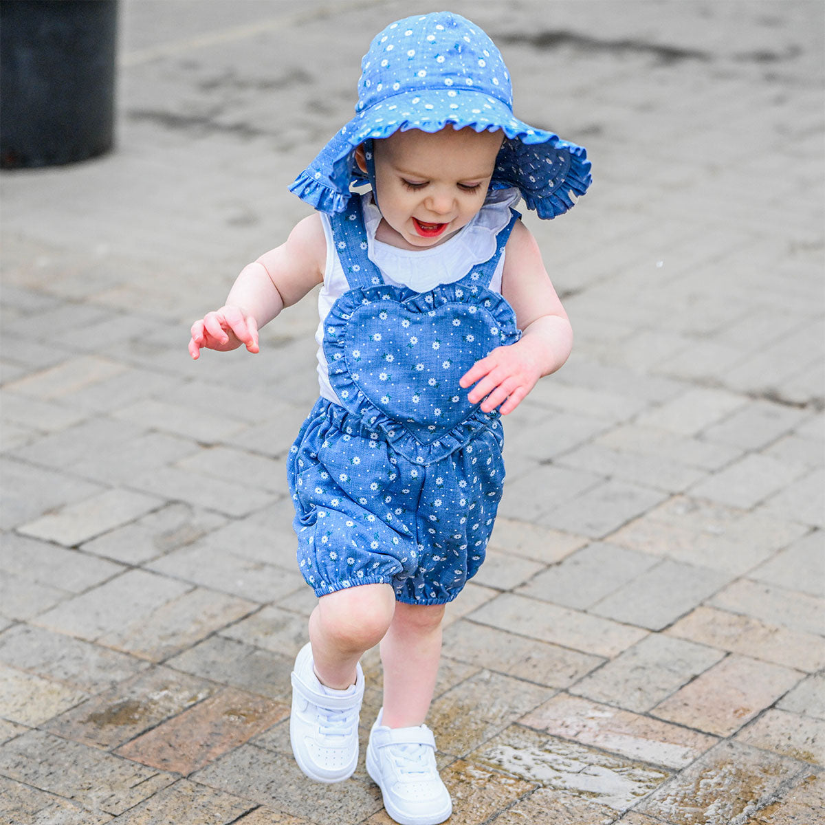oh baby! Darling Romper - Sunburst Flower Print - Denim -with Hat