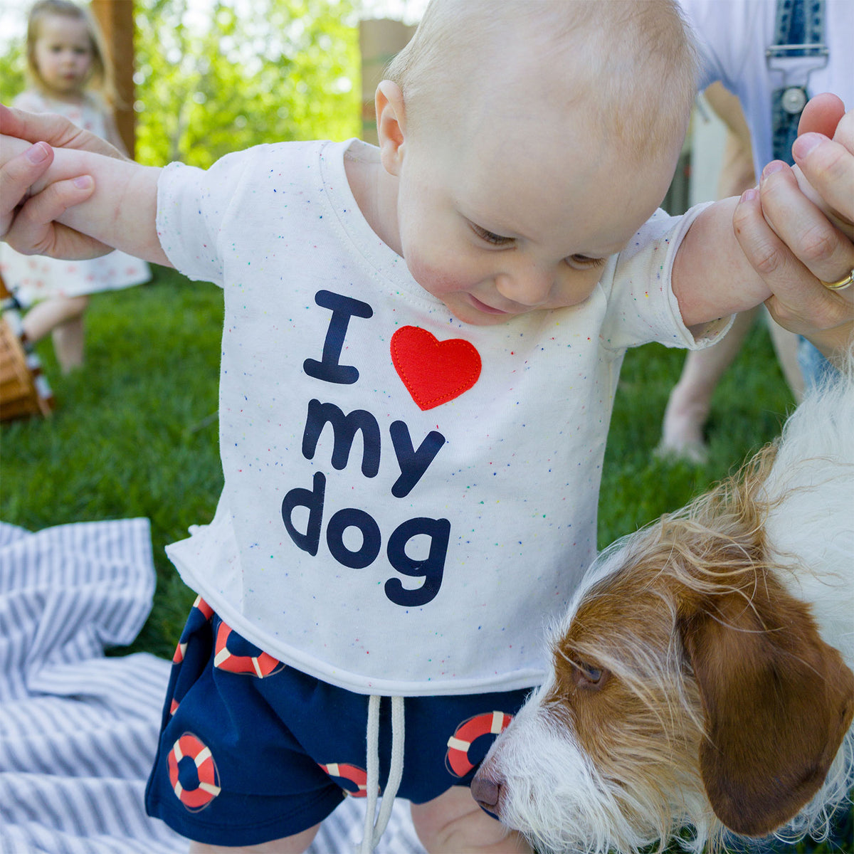 oh baby! Raw Edge Short Sleeve Tee - I Heart My Dog Applique - Confetti Oyster - Lifestyle with Dog