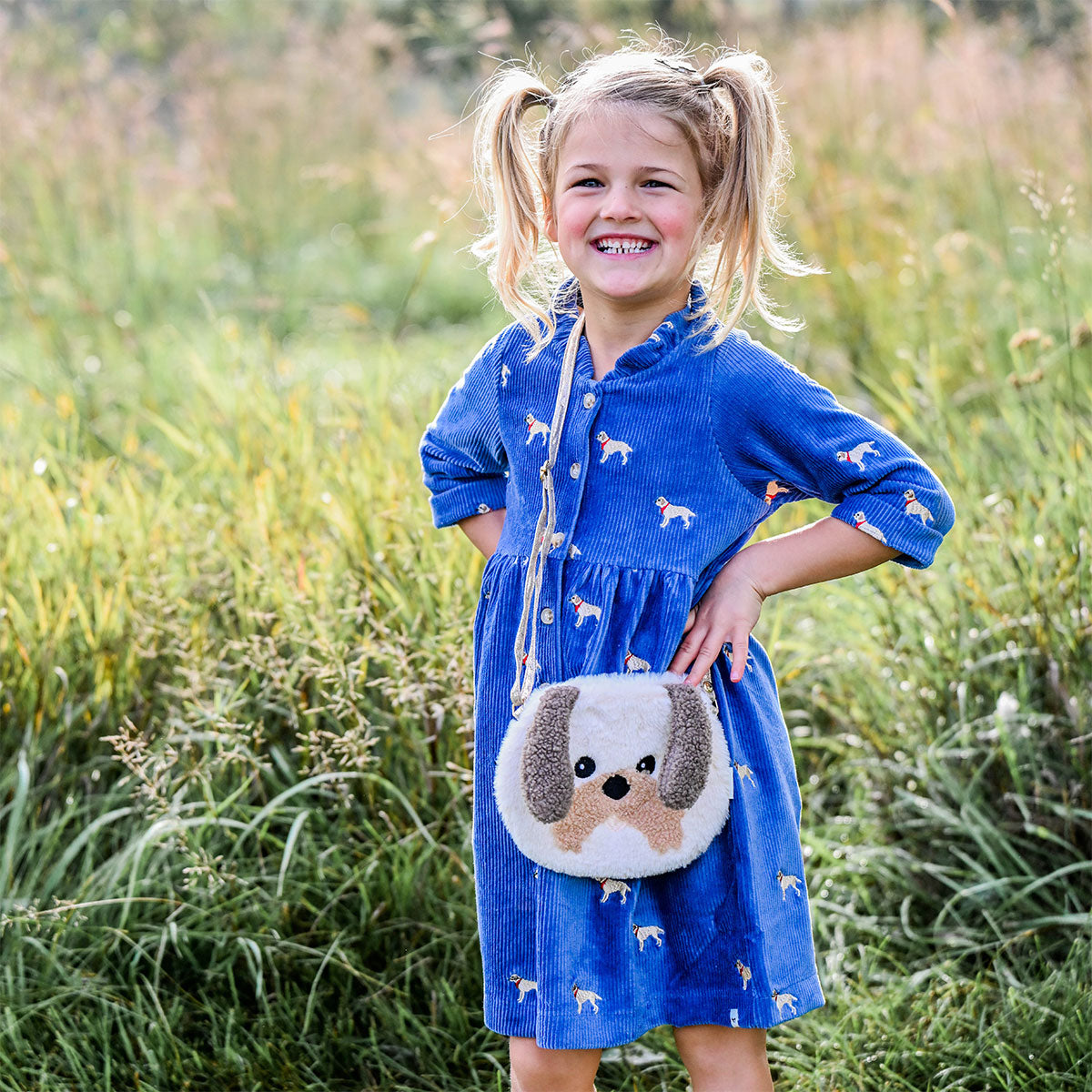 oh baby! Corduroy Ivy Dress - Labs Embroidered - Denim with Dolly Dog Purse