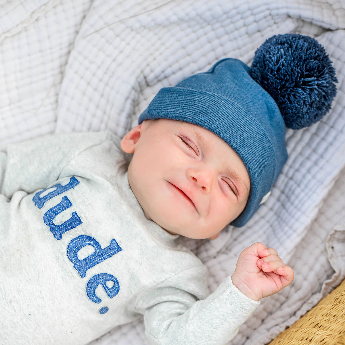 oh baby! Two Piece Set - Denim "dude" Applique  - Heather Gray with Pom Hat