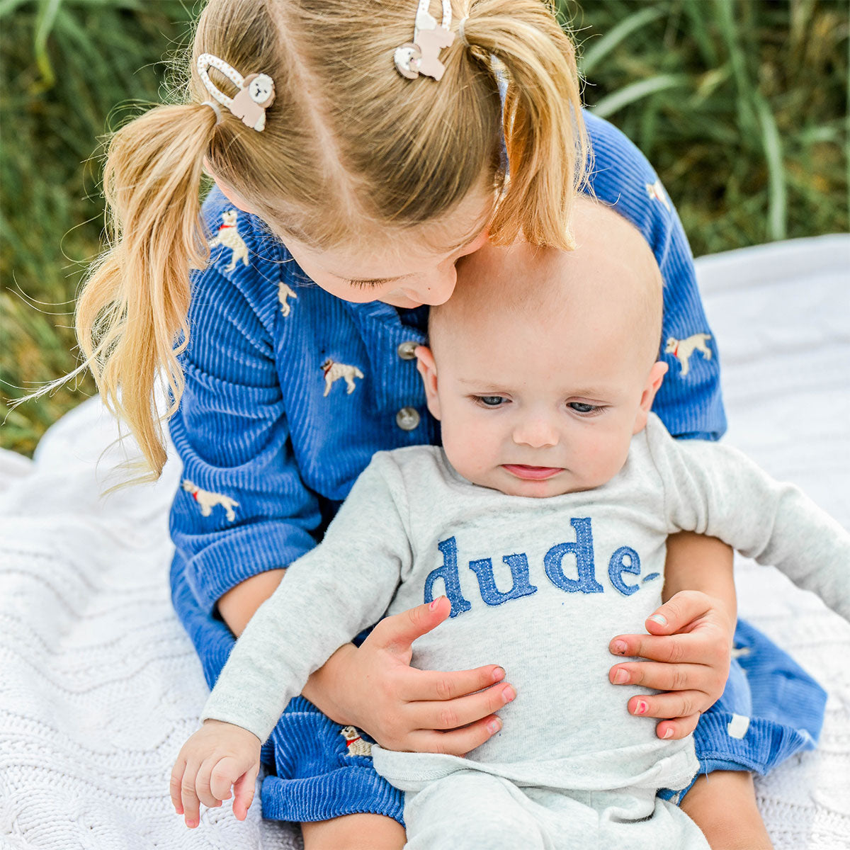 oh baby! Two Piece Set - Denim "dude" Applique  - Heather Gray - With sister
