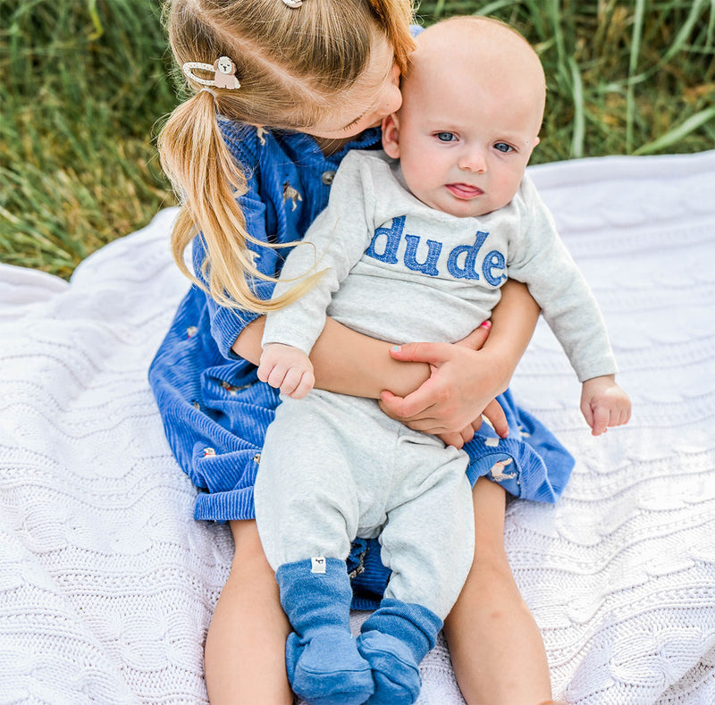 oh baby! Two Piece Set - Denim "dude" Applique  - Heather Gray - with booties