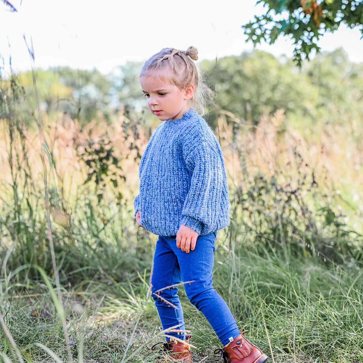oh baby! Fleck Grandpa Knitted Pullover Sweater - Blue - with Denim Leggings