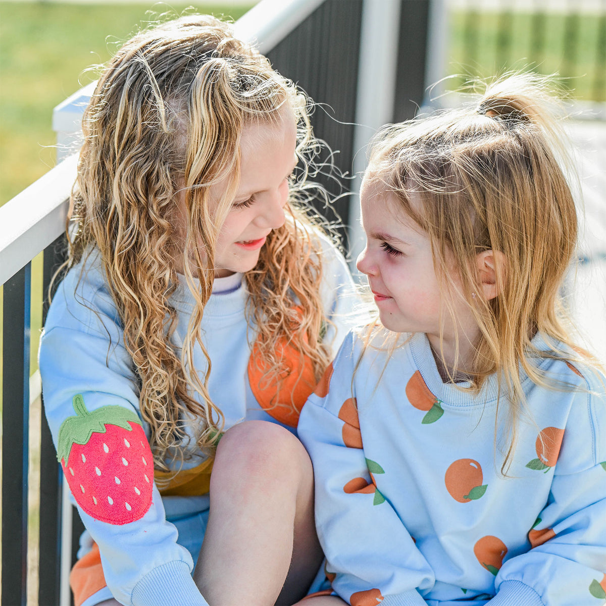 oh baby! Charlie Sweatshirt  and Shorts- Fruit Applique - Sky Blue with Oranges Sweatshirt and Shorts Lifestyle