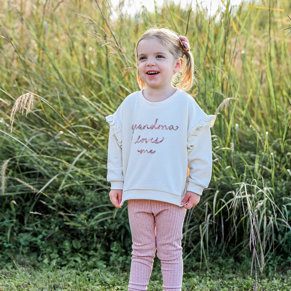 oh baby! Ruffle Slouch Sweatshirt - Grandma Loves Me - Natural - with leggings