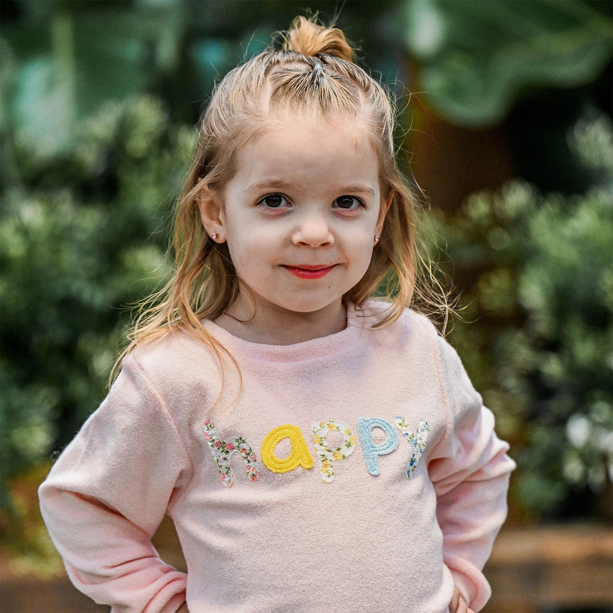 oh baby! Brooklyn Boxy Sweatshirt - Multi-Color Floral "Happy" Applique - Pale Pink - Lifestyle - Close Up