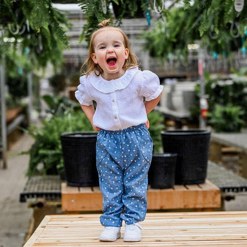 oh baby! Heart Side Pocket Pant - Sunburst Flower Print - Denim - Lifestyle with Gauze Top