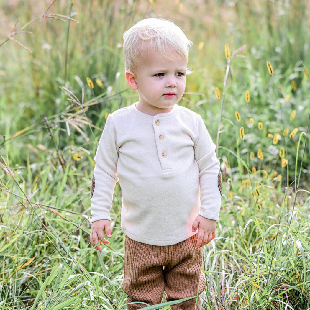 oh baby! Sweater-Knit Elbow Patch Henley Long Sleeve Top - Natural