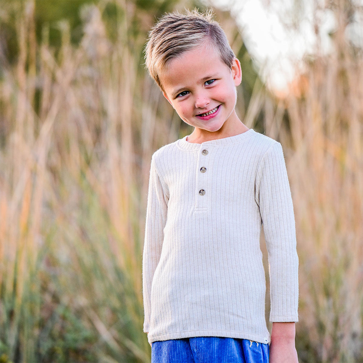 oh baby! Wide Rib Elbow Patch Long Sleeve Henley Top - Natural